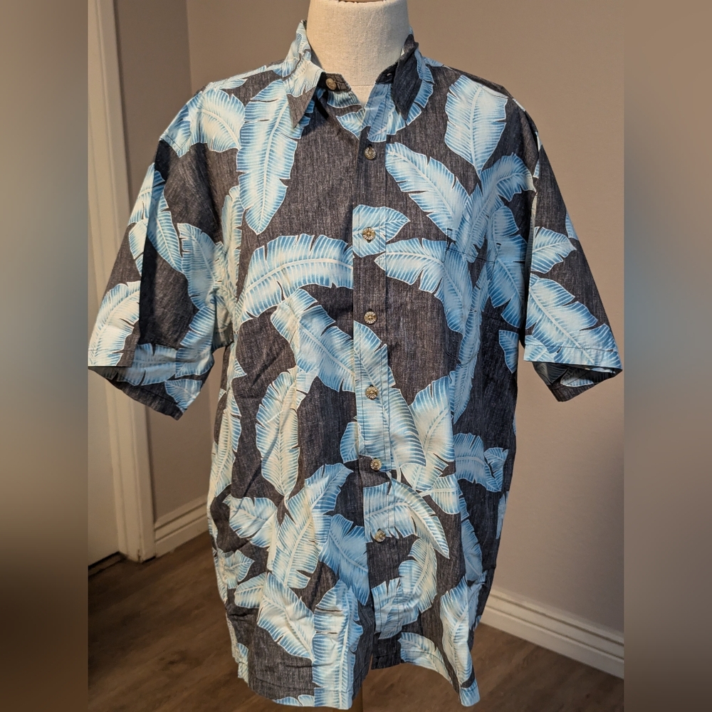 Vintage Cookie Street Blue Leaf Hawaiian Print Shirt size L